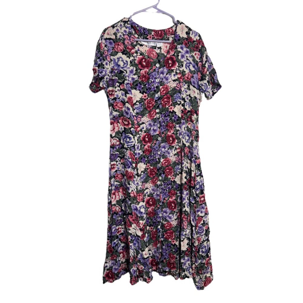 Vintage 80s Paris Sports Club Floral Midi Dress Button Down Women's Size 9
